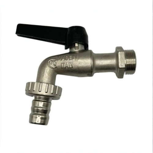 Кран шаровый латунный угловой стандартнопроходной с ручкой-рычагом НР-штуцер Ру 16 Bugatti 689 Bugatti 14 мм 3/4" в Воронеже